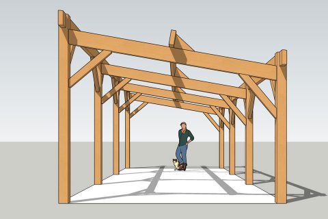 Modélisation 3D d'un carport bois en charpente traditionnelle vu de face.