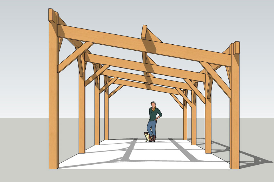 Modélisation 3D d'un carport bois en charpente traditionnelle vu de face.