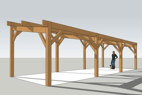 Modélisation 3D d'un carport bois en charpente traditionnelle vu de côté.