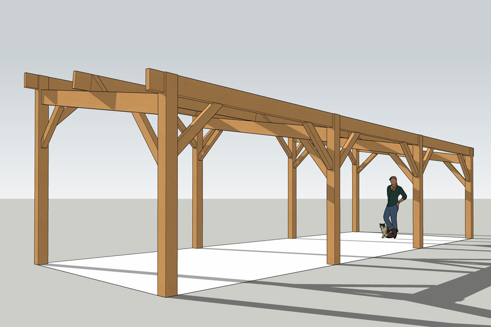 Modélisation 3D d'un carport bois en charpente traditionnelle vu de côté.