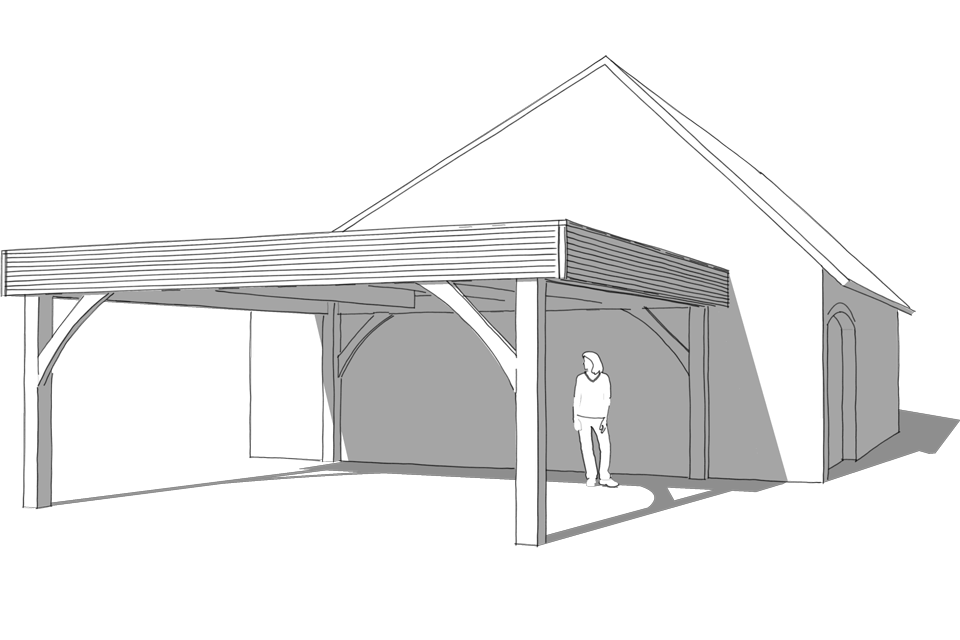 Croquis d'un carport en lamellé-collé adossé contre une maison.