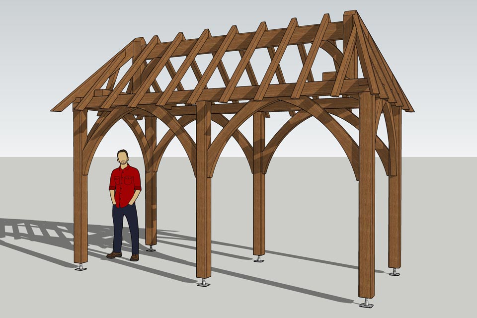 Modélisation 3D d'un kiosque en chêne en charpente traditionnelle avec liens cintrés.