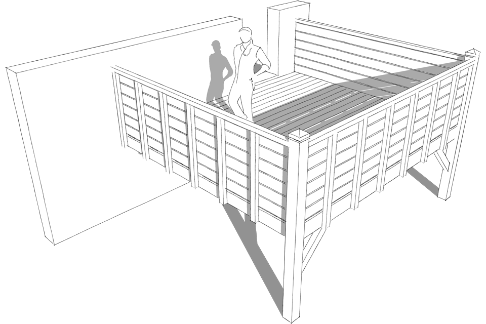 Croquis d'une terrasse en bois sur pilotis avec garde-corps.